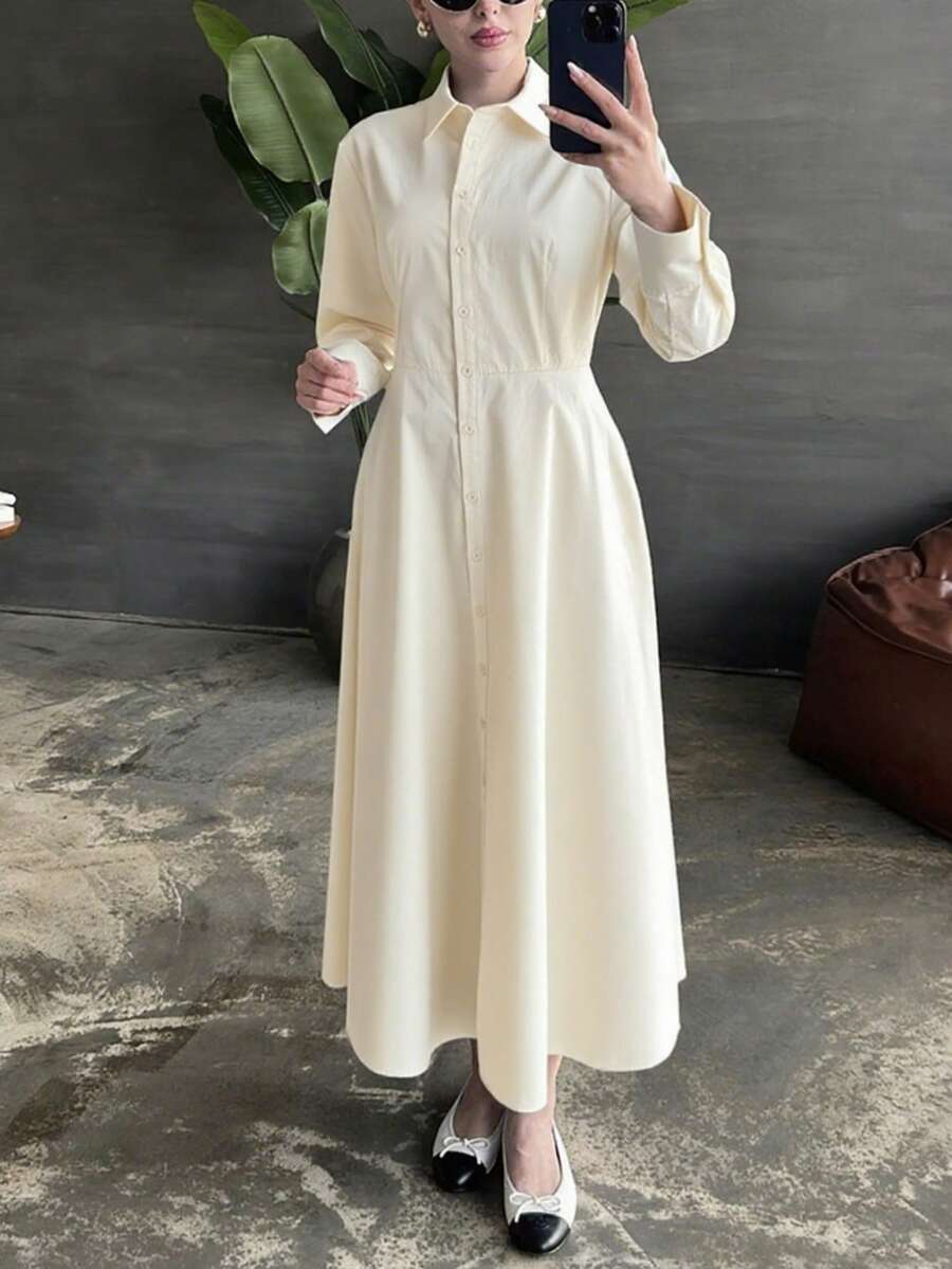 女式简约翻领单排扣纯色长裙,休闲优雅修身直筒长袖衬衫裙,外套和休闲日常装 - 米色 - 查看 1