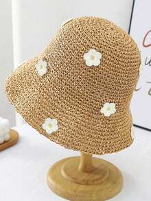 1pc Handmade Crochet Straw Hat, Floral Design, Spring/Summer Beach Sun Hat, Foldable UV Protection,Vacation,Holiday,Travel - B - View 4