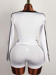 Inmen 夏季性感纯色修身两件套，长袖V领字母印花上衣搭配绷带短裤，适合夜店穿着