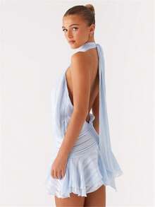 Women's Pleated Waist Sheer Mesh Ruffle Mini Dress Summer Casual Halter Neck High Neck Bodycon Short Dress Self-Tie Backless Sundress Party Clubwear - 藍色 - 查看 6