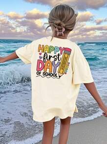 返校季女童休闲印花圆领短袖T恤，夏季学生制服——欢乐校园时光，彩色铅笔印花，时尚活力设计，激发想象力和自我表达