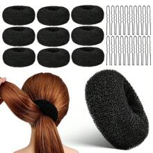 29 piezas Conjunto de accesorios para hacer moños de niña, que incluye 9 piezas de herramientas para hacer moños y 20 piezas de pasadores en forma de U - Negro - Ver 11