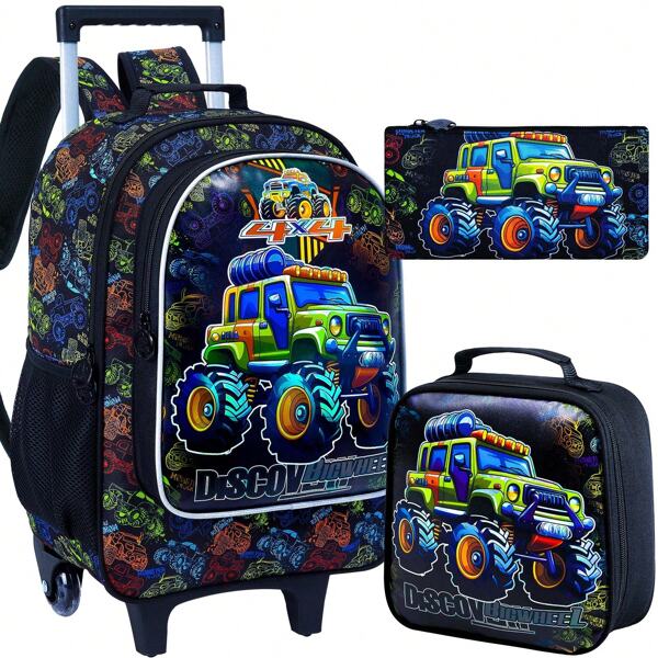 3PCS Car Rolling Bookbag For Boys, Kids School Backpack With Wheels, UV Printed Roller Wheeled Bookbag Set With Lunch Box