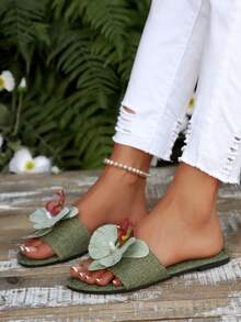 French Floral Strap Slip-On Flat Sandals For Women, New Summer Fashion Casual Outdoor Slide Slippers Suitable For Date, Shopping, Party, Beach Holiday, Home - Army Green - View 2