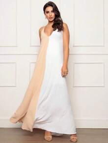 Women's Long Biocolor Dress Comfortable Gender Reveal Party - 白色/米色 - 查看 2