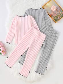 4 件女童纯色罗纹圆领长袖上衣搭配 3D 蝴蝶结 + 3D 蝴蝶结裤子时尚套装，适合户外购物，非常适合秋冬户外穿着