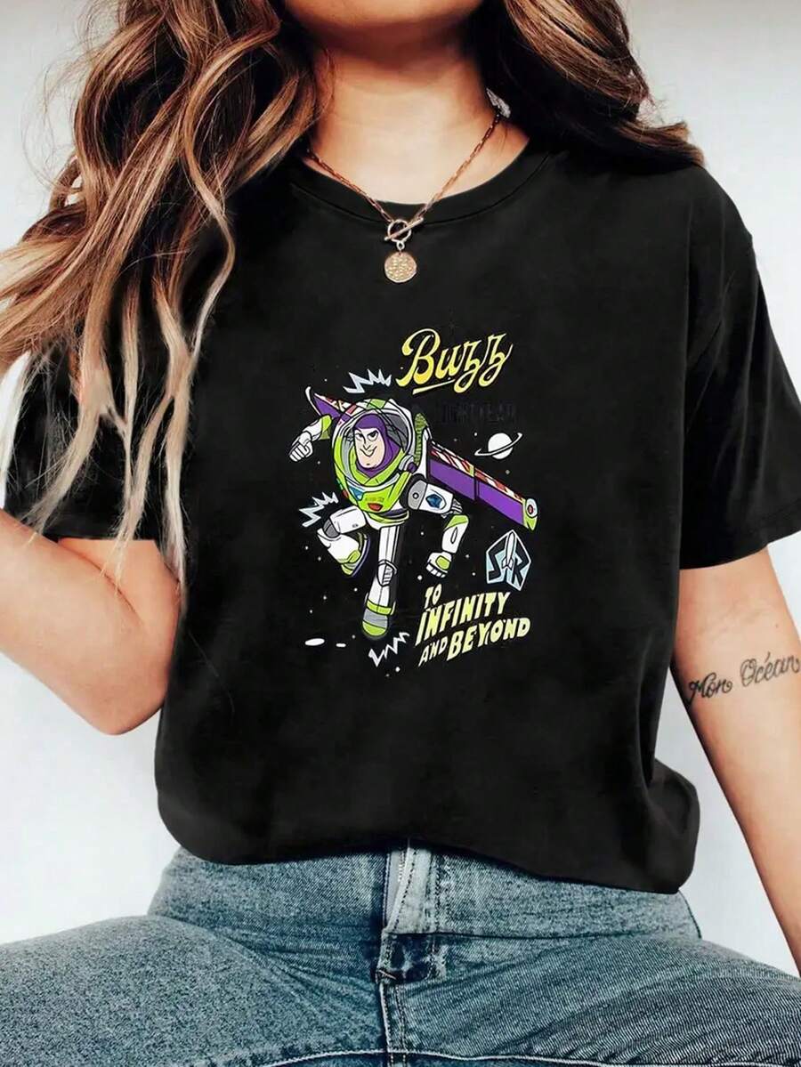 Cartoon Print Women's T-Shirts, Spring And Summer Fashion Round Neck Women's T-Shirts, Summer Tops, Shirts, Summer Women's Suits, Summer Clothes, Women's Graphic T-Shirts - 黑色 - 查看 1