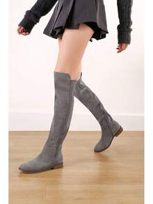 Thigh High Over The Knee Boots For Women Flat Low Heel Fall Winter Stretch Suede Long Round Toe Boots-2025 - Xám - Xem 8