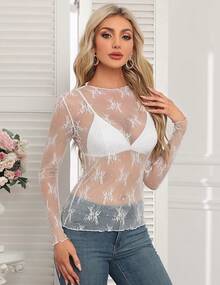 Women's Mesh Sheer Tops Long Sleeve Layering Top Mock Neck See Through Floral Lace Shirt Blouse - 白色 - 查看 2
