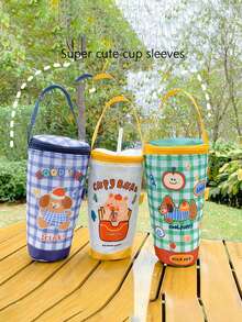 1pc Cute Big Eyes Drawstring Closure Water Bottle Bag, Shoulder Cross-Body Net Mesh Bottle Holder - Multicolor - View 2