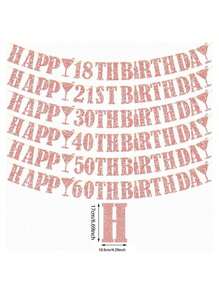 1pc 18/21/30/40/50/60 Rose Gold/Gold/Black/Champagne Gold Glitter Happy Birthday Pull Flag, Anniversary Party Streamer, Rose Gold Champagne Bottle Party Decor