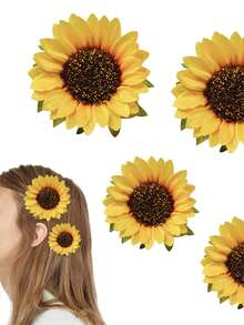 4 件套女孩向日葵发夹，黄色花朵发夹雏菊发夹，大号和小号向日葵发夹花卉发饰 - 黃色 - 查看 5