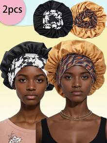 2 件女士宽边无定位松紧带印花睡帽，适合卷发和直发