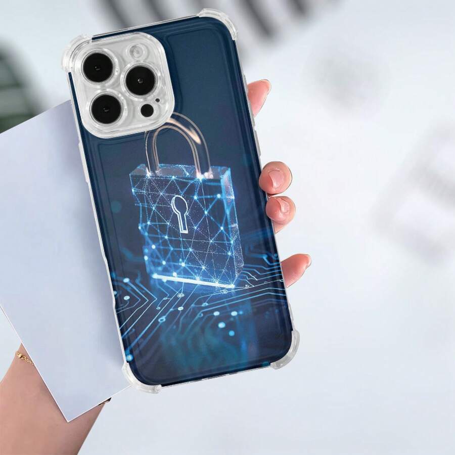 Funda para teléfono (1 unidad) con diseño de candado mecánico azul. Diseño moderno. Compatible con phone 15 Pro, 13, 16, 14 Plus, 12, 11 y XS. - Colores mixtos 1 - Ver 1