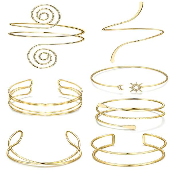 7 Pieces/Set Of Minimalist Metal Cuff Women's Bracelets, Exaggerated Geometric And Sun Metal Arm Bracelet Set. Summer Vacation Adjustable Bracelet;