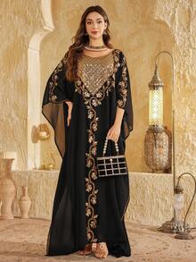 Women's Loose Diamond Grid Knitted Fabric Beaded Embroidered Dress - Black - View 2