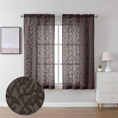 Window Curtains For Kitchen 2 PCS, Dual Rod Pockets Window Living Room Curtain Valance, Jacquard Clip Textured Leaf Bedroom Drapes