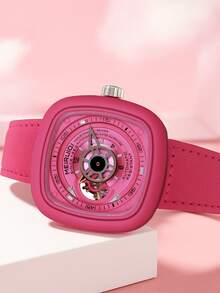 A Ladies' Rose Pink Leather Strap Square Hollow Pointer Type Tourbillon Fully Automatic Mechanical Wrist Watch With A Unique Personalized - one-size - View 3