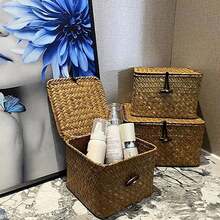1 件手工编织海草储物篮（带盖），方形手工编织海草收纳盒，家居装饰，家用实用储物容器，适用于办公用品 - 天然海草材质，独特的礼物之选