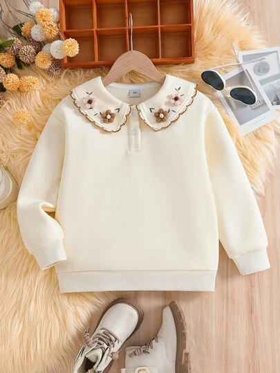 女童 3D 花卉装饰领长袖运动衫，秋季