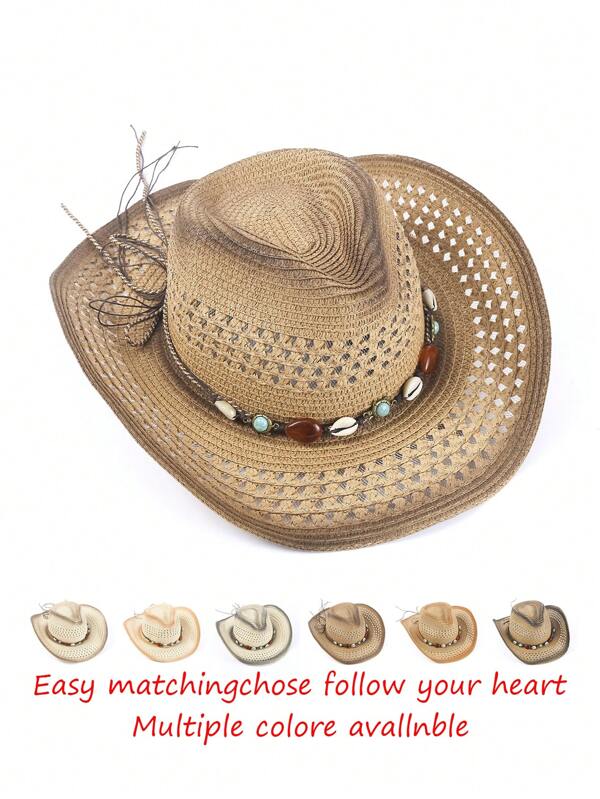 1pc Seashell Decorated Bohemian Straw Cowboy Hat, Versatile Sun Protection Accessory, Suitable For Men And Women, All Seasons