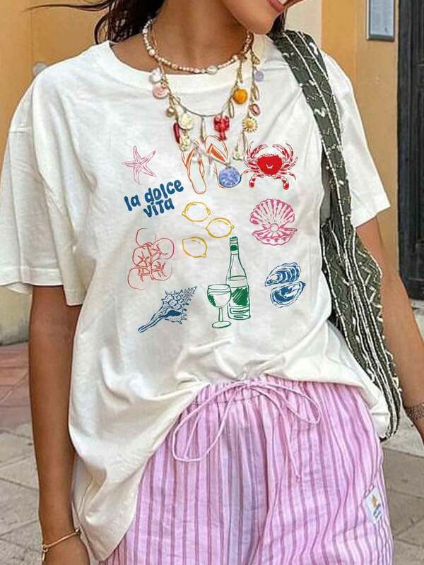 IXOEIS Women's Tops T-Shirts, Fruit Tomato Pattern, Beach Shell Pattern, Lemon Pattern Print, Vacation Tops Festival Tops, Spring Summer Clothes, Comfortable Tops. Summer Tops