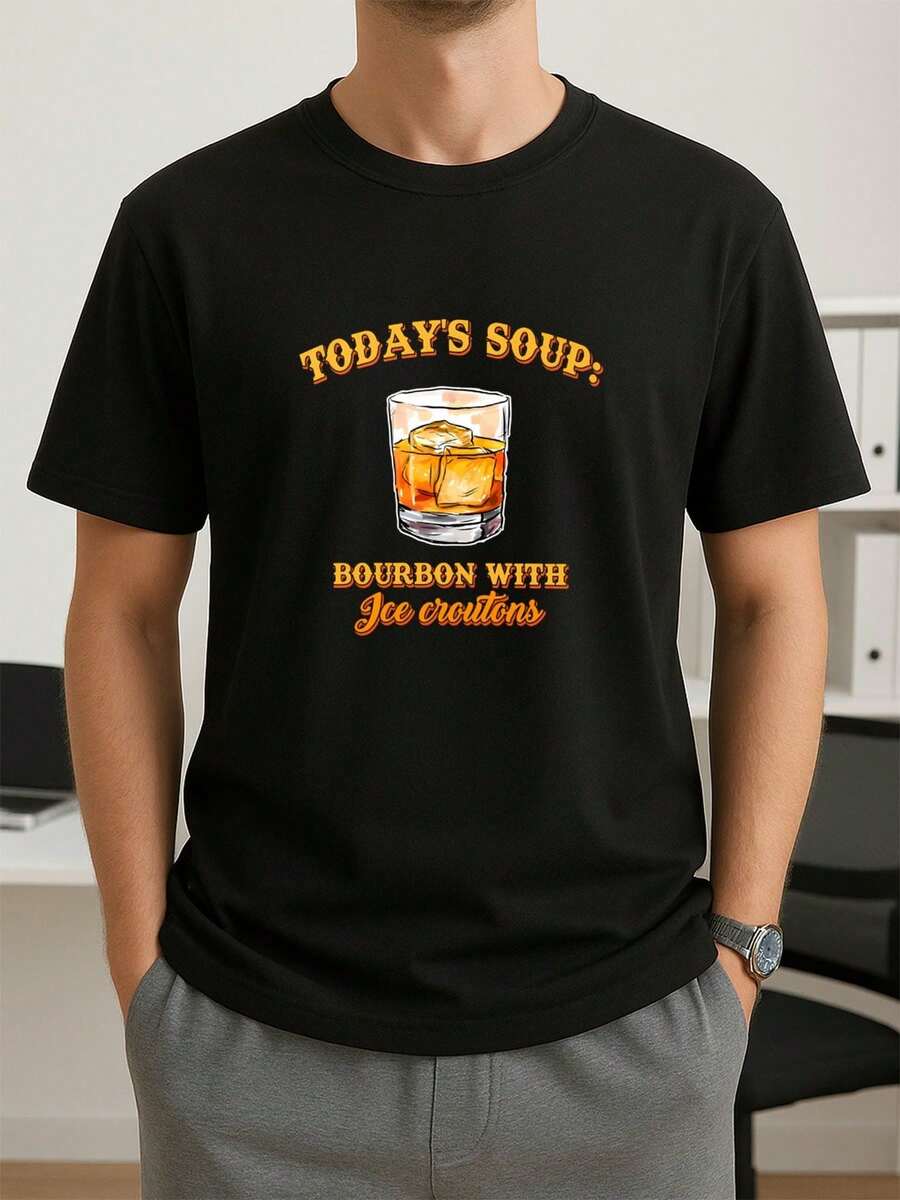 Young Men Graphic T-Shirt Today's Soup: Bourbon With Ice Croutons Cotton For Clubwear - 黑色 - 查看 1