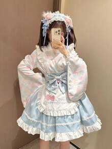 1pc Cute Fresh Strawberry Cat Print Lolita Maid Dress Cosplay Costume Set (No Headpiece), Light Blue, Suitable For Anime Convention, Music Festival, Autumn - Multicolor - View 9
