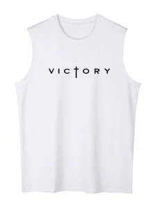 Men's Letter Print Wide Strap Tank Top, Summer - White - View 2