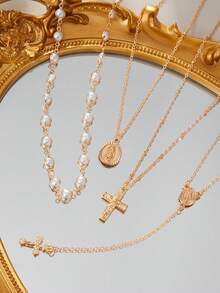 4件套波西米亚水晶流苏项链，长款吊坠项链，度假风首饰，适合派对、送礼和日常佩戴 - 金色 - 查看 2