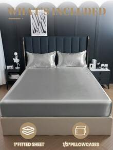 2/3pcs Fitted Sheet Set, Bedding Set, Satin Bed Sheets Set, Solid Color Skin-Friendly Bed Cover Set, Gary Bedding Set, Room Decor, Soft And Comfortable, Mattress Protector For Bedroom Decor, 1 Bed Sheet With 1/2 Pillowcases, Deep Pocket, For Single/Twin/Full/King/Queen Bed Sizes, Luxury Bedding, Machine Washable, Cool Touch For Sleeping, Perfect Valentine's Day Gift, Valentine's Day, Valentine's Gift - 灰色 - 查看 2