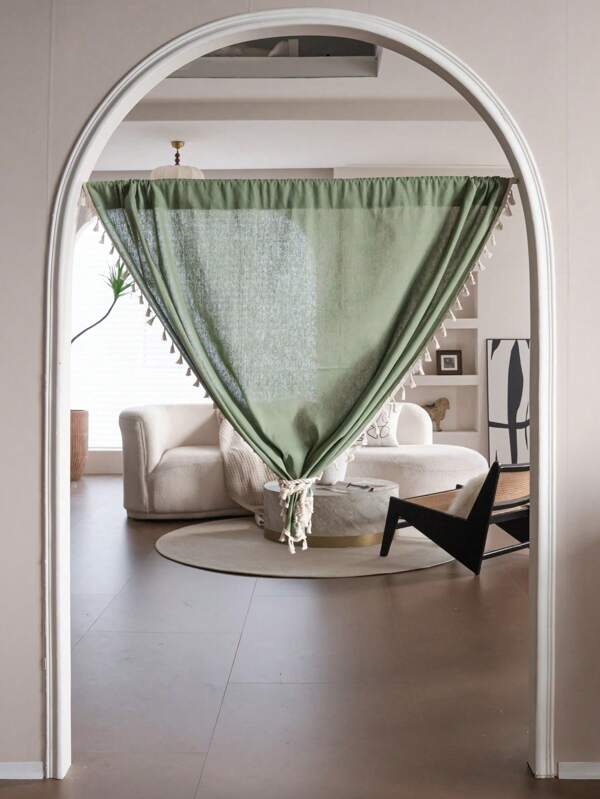 1 Pieza Cortina verde, estilo simple y fresco, disponible en múltiples tamaños, diseño con flecos, adecuada para ventana de dormitorio, sala de estar, cortina transparente semitransparente, divisor de habitación, cortina corta para ventana de cocina