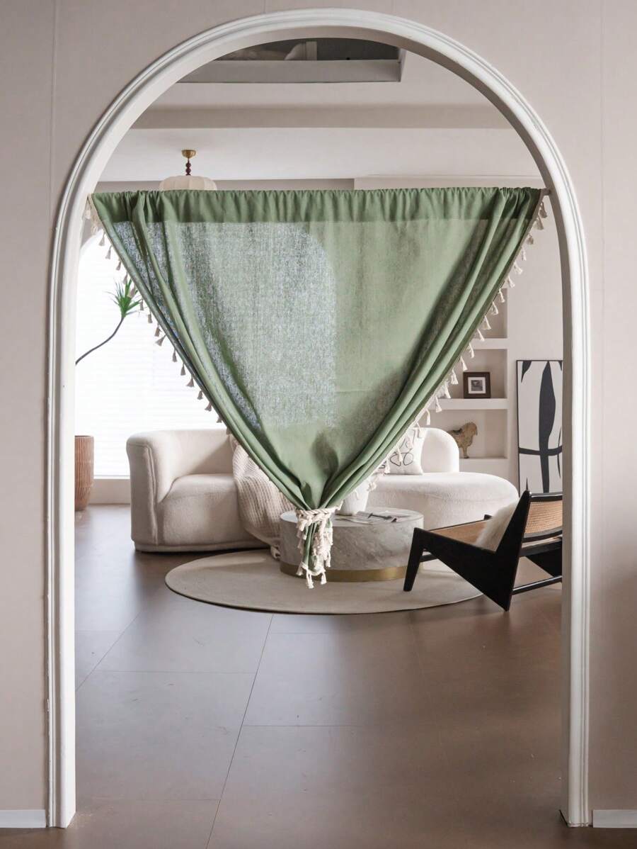 1 Pieza Cortina verde, estilo simple y fresco, disponible en múltiples tamaños, diseño con flecos, adecuada para ventana de dormitorio, sala de estar, cortina transparente semitransparente, divisor de habitación, cortina corta para ventana de cocina