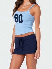 Women Y2k Mini Skirts Solid Color Low Rise Drawstring Skirts Elastic Waist Bow Front Short Skirt Stretchy Side Slit Pencil Skirts Summer Casual Streetwear - Màu xanh hải quân - Xem 6