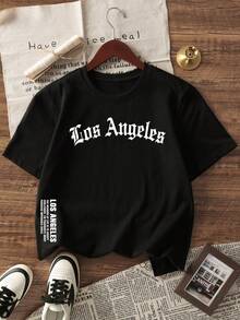 男士个性化洛杉矶标语印花短袖T恤，舒适透气，适合夏季，时尚 - 黑色 - 查看 2