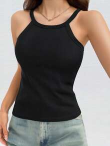 1 Peça Regata Ajustada Feminina de Cor Sólida BASICS, Parte Superior de Malha Canelada Casual - Preto - Visão 2