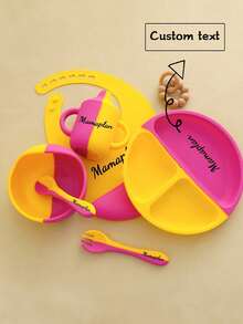 6 件个性化定制名字硅胶婴儿餐具防漏婴儿杯对比色盘子防水围兜便携式勺叉吸盘碗定制婴儿晚餐套装返校冬季礼物创意男孩女孩情人节,多功能,装饰,字母,时尚,现代,多彩,卡哇伊,可爱,可爱,休闲,定制,个性化,独特,定制,儿子,女儿