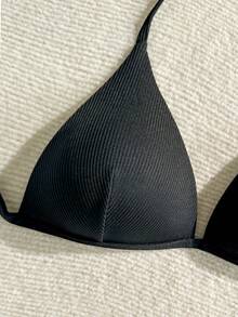 2pcs Solid Color Sexy Elegant Knotted Tie Back Bikini Top, Suitable For Beach Holiday Summer - Black and White - View 3