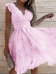 Look Polly Summer Women Dresses,Solid Color Lace Top And Mesh Skirt,Wedding Women Dresses Fall Women Clothes, Back To School Clothes,Party Women's Backless Dress Prom Dress,Elegant V-Neck Sleeveless Long Dress