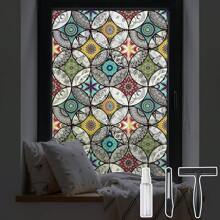 DKTIE Boho Stained Glass Look Window Privacy Film With Installation Tools, Decorative Frosted Glass Window Film Static Cling No Glue Removable, Black, 17 X 78