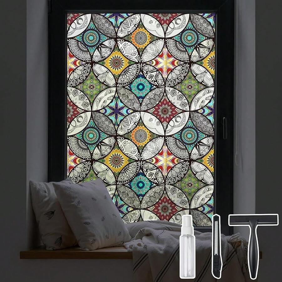 DKTIE Boho Stained Glass Look Window Privacy Film With Installation Tools, Decorative Frosted Glass Window Film Static Cling No Glue Removable, Black, 17 X 78