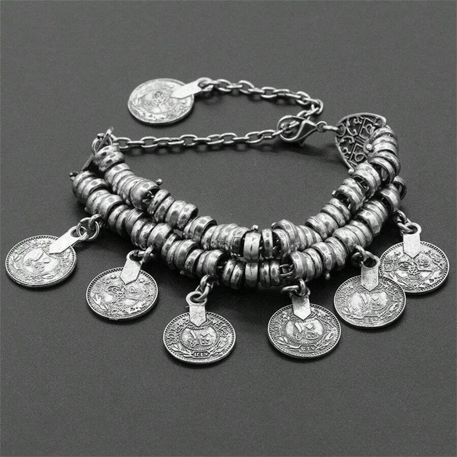 1 chiếc vòng tay xích tua rua đồng xu phong cách Bohemian cổ điển, phụ kiện trang sức tối giản dành cho phụ nữ - Màu Bạc Cổ - Xem 1
