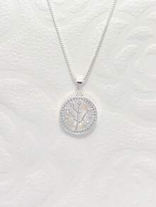 Colar feminino simples e elegante, pingente redondo da árvore da vida, incrustado com zircônia banhado a prata 925 - Prata - Visão 3