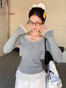 Women's Semi-Open Collar Bow Lace Splicing Knit Sweater, Slim Fit Long Sleeve T-Shirt Top