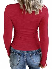 Women's Long Sleeve Henley Shirts Button Down Tops Scoop Neck Ribbed Knit Shirts - 紅色 - 查看 2