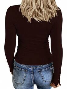 Women's Long Sleeve Henley T Shirts Button Down Slim Fit Tops Scoop Neck Ribbed Knit Shirts/Vacation Outfits Women/Valentine Outfits For Women - 巧克力 - 查看 2