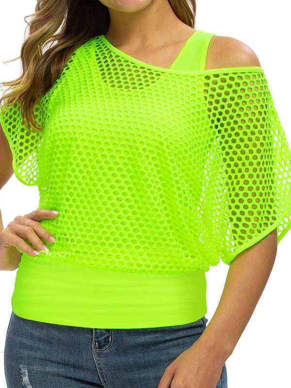 Women's Plus Size Neon Green Mesh Layered Tank Top Two Pieces Set For Autumn - Elegant Cold-Shoulder Design, Semi-Sheer Hollow-Out Details, Machine Washable, Suitable For All Seasons, Casual Top | Elegant Off-Shoulder Top | Easy-Care Garment