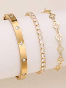 闪亮优雅奢华时尚幸运四叶草锆石不锈钢手链套装，适合女士日常佩戴和送礼