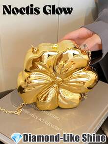 Women's Elegant Mini Flower Shaped Chain Crossbody Bag, Metallic Y2K Style Theme Party Shoulder Bag, Fashionable Novelty Shaped Bags, Versatile Small Mobile Phone Key Coin Purse, Portable Outdoor Travel Vacation Cosmetic Bags, Wear-Resistant Solid-Color Clutch Bag - 金色 - 查看 10