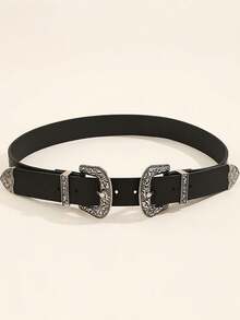 1pc Western Style Silver Double Buckle Belt Fall, Autumn, Halloween - Black - View 13